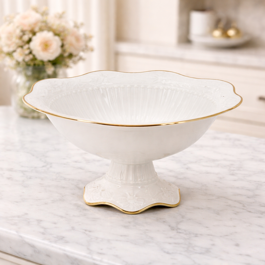 Medium White Porcelain Fruit Bowl with Gold Trim – Elegant Pedestal Serving Bowl