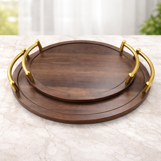 Pallet (MDF) 2Pcs Set – Round Wooden Serving Trays with Gold Handles - Habitt