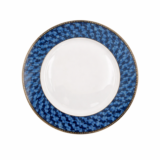 Luxury Blue Textured Border Dinner Plate – Single Premium Ceramic Plate with Gold Detailing