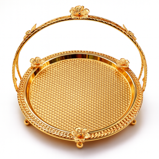 Floral Round Basket – Small Gold Decorative Serving & Display Basket