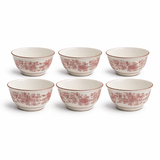 6-Piece Ceramic Bowl Set – Red Floral Classic Design