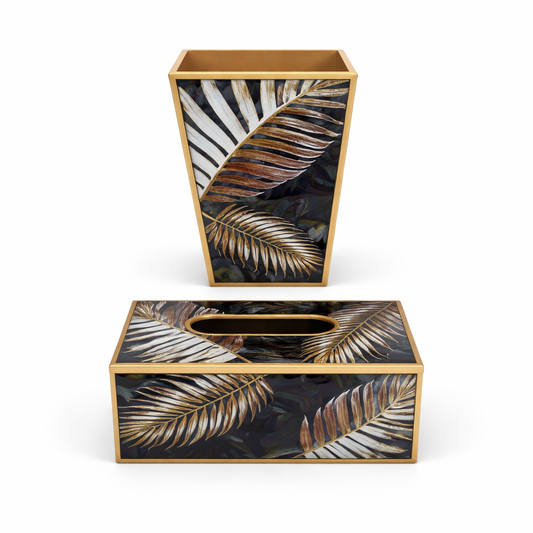 Luxury Tropical Leaf Print Dustbin Set – Black & Gold Decorative Waste Bin & Tissue Box Combo