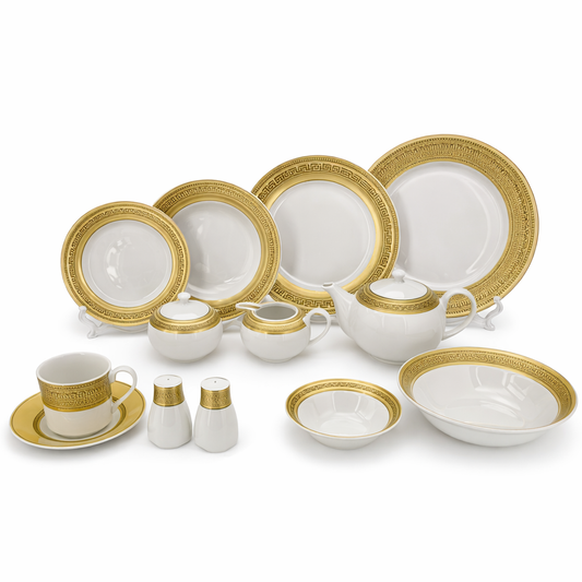 Luxury White & Golden Border Dinner Set – 47-Piece Premium Ceramic Tableware Collection