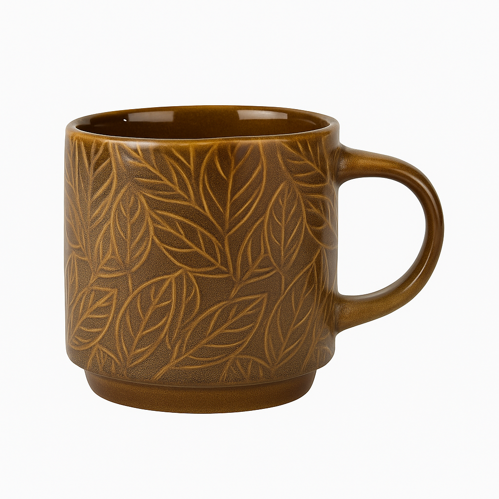 Embossed Leaf Brown Ceramic Mug – Rustic Textured Coffee & Tea Cup