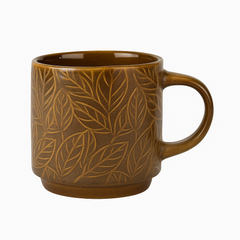 Embossed Leaf Brown Ceramic Mug – Rustic Textured Coffee & Tea Cup