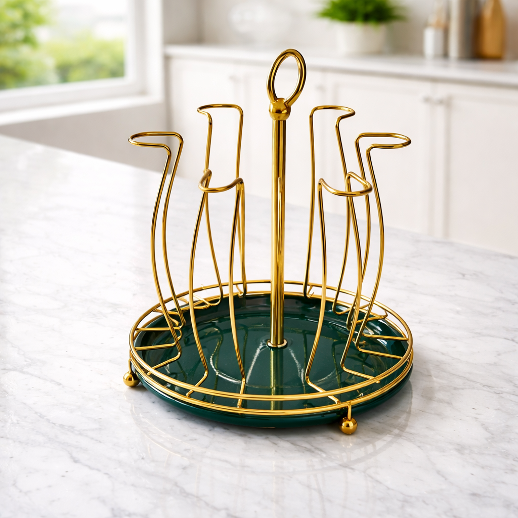 Luxury Cup Stand – 6-Piece Glass Mug Holder with Gold Frame & Green Base - Habitt