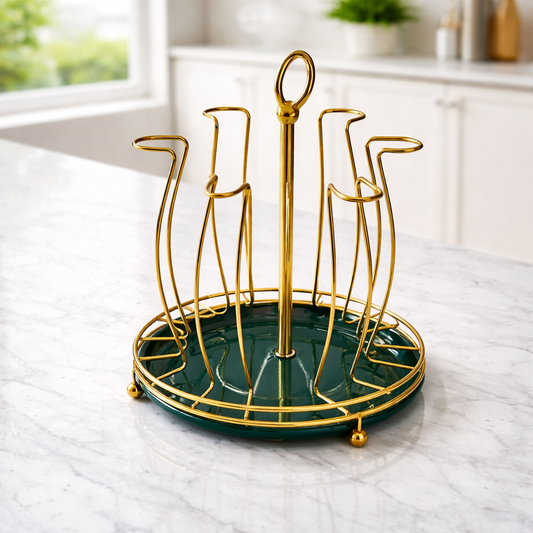 Luxury Cup Stand – 6-Piece Glass Mug Holder with Gold Frame & Green Base - Habitt