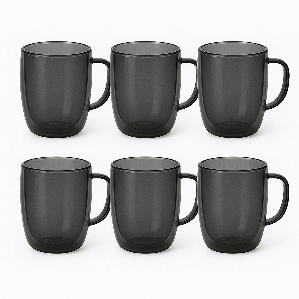 Set of 6 Double-Wall Mugs – Smoke Grey | Heat-Resistant Coffee & Tea Cups
