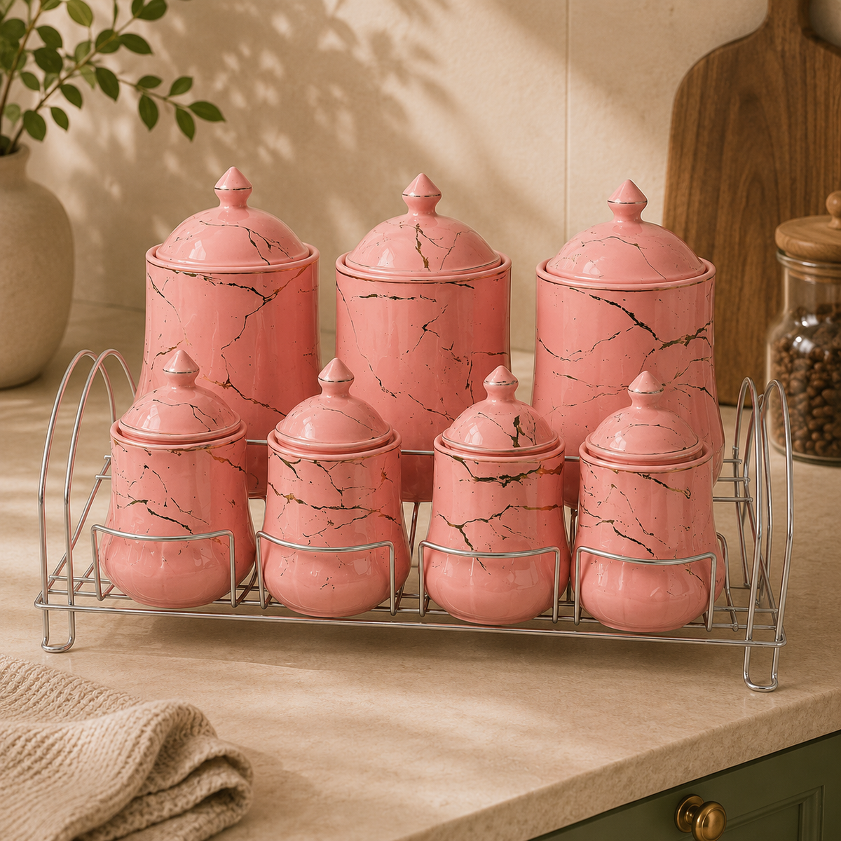 7 Pcs Canister Set with Ceramic Lid 2746 Pink Marble Kitchen Storage Jars