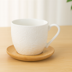6 Pcs Cups & Bamboo Saucers – White Rose Embossed Ceramic Tea Set