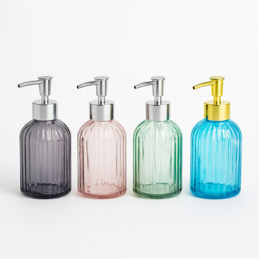 1Pc Glass Liquid Soap Dispenser Bottle – Textured Pump Design (Blue, Green, Pink, Black)