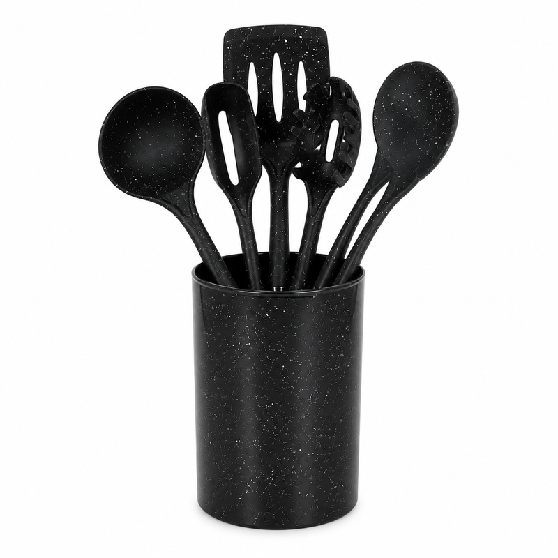 12 Pcs Kitchen Spoon & Utensil Set with Holder – Black Speckled