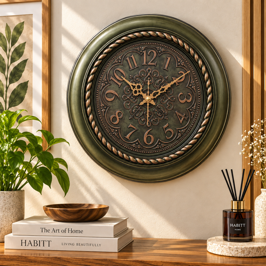 Heritage 15-Inch Black Vintage Floral Wall Clock with Silent Sweep Movement – Decorative Plastic Frame Clock for Home & Office