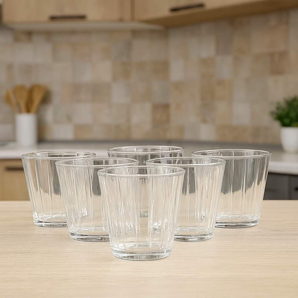 Ribbed Clear Tumbler Glass Set 255 ml – Premium Everyday Drinkware (6 Pcs)