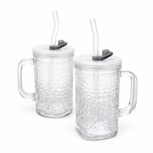 1 Pc Premium Rectangular Glass Tumbler with Straw & Lid – Textured Drinking Mug with Handle - Habitt
