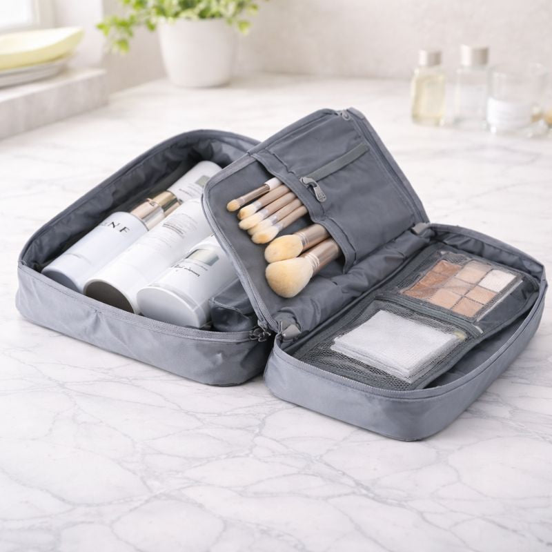 Travelling Cosmetic Pouch – Foldable Makeup Organizer with Zipper Compartments