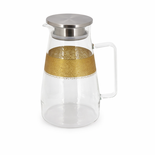 Elegant Glass Jug with Gold Design – Luxury Serving Pitcher with Stainless Steel Lid
