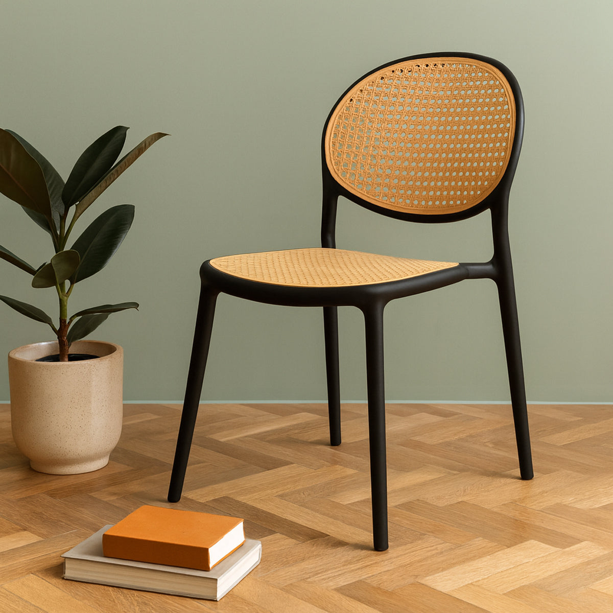 Cane Charm Armless Chair – Plastic Frame with Woven Cane‑Style Seat & Back (Black)
