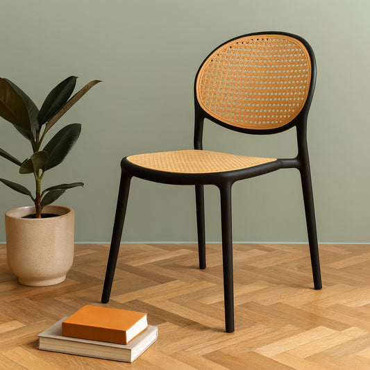 Cane Charm Armless Chair – Plastic Frame with Woven Cane‑Style Seat & Back (Black)