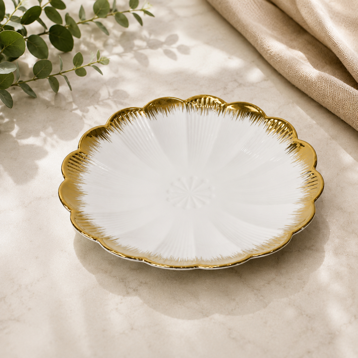 Elegant White & Gold Flower Shaped Decorative Serving Plate for Snacks, Desserts & Home Décor