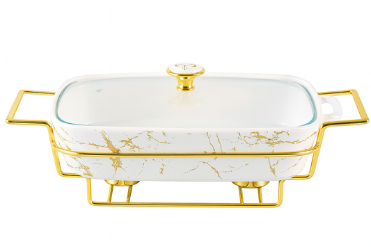 17" Rectangular Marble-Design Ceramic Casserole With Gold Candle Stand – Luxury Buffet & Serving Dish