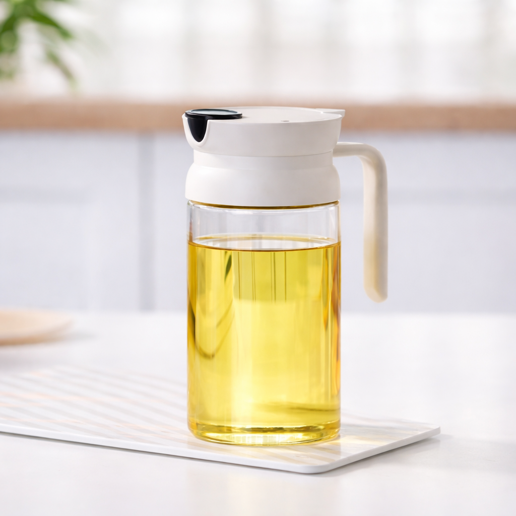 Glass Oil Bottle – Clear Kitchen Oil Dispenser with Handle &Lid