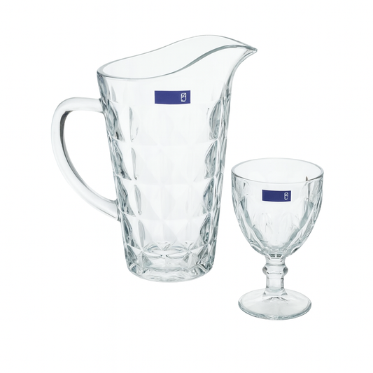 Diamond-Cut Clear Glass Water Set – 7-Piece Set (1.2 L Jug + 340 mL Stemmed Glasses)
