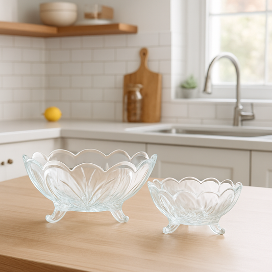 Clear Footed Pressed-Glass 7-Piece Fruit Bowl Set – Decorative Floral Embossed Design