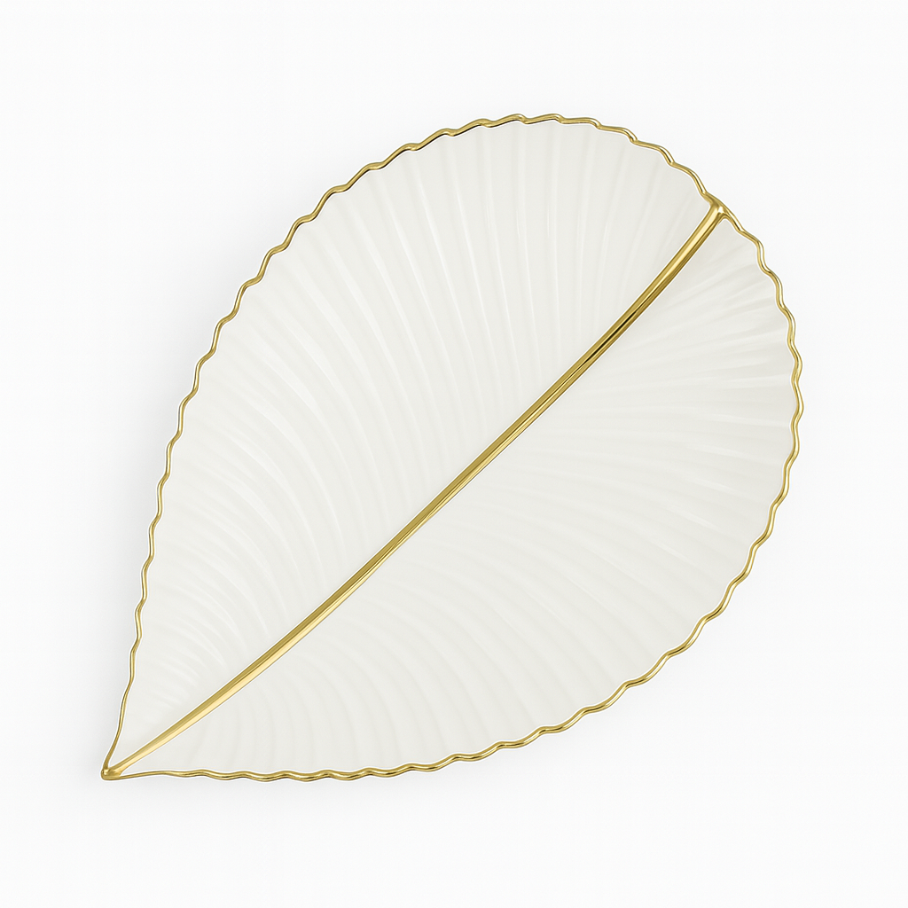 Super Dine Flat Leaf – White Ceramic Leaf-Shaped Platter with Gold Rim