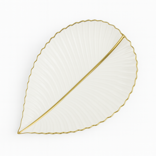 Super Dine Flat Leaf – White Ceramic Leaf-Shaped Platter with Gold Rim