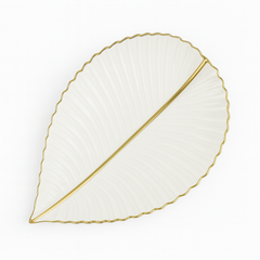 Super Dine Flat Leaf – White Ceramic Leaf-Shaped Platter with Gold Rim