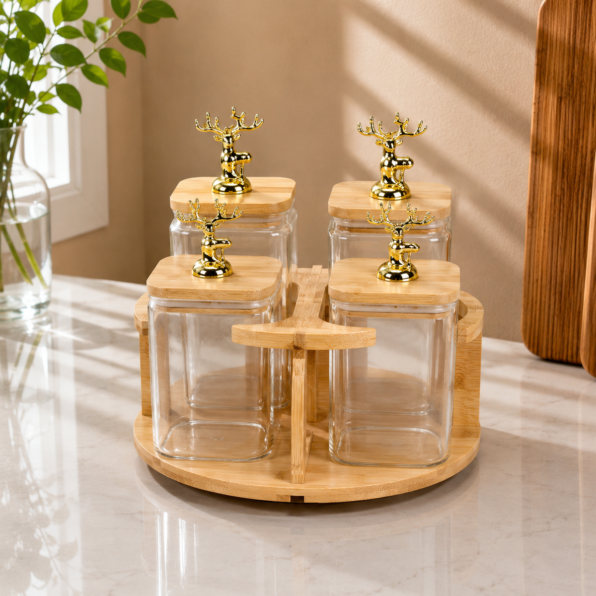 4 Piece Transparent Rotating Jar Set with Wooden Stand | Kitchen Storage Organizer