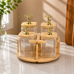 4 Piece Transparent Rotating Jar Set with Wooden Stand | Kitchen Storage Organizer