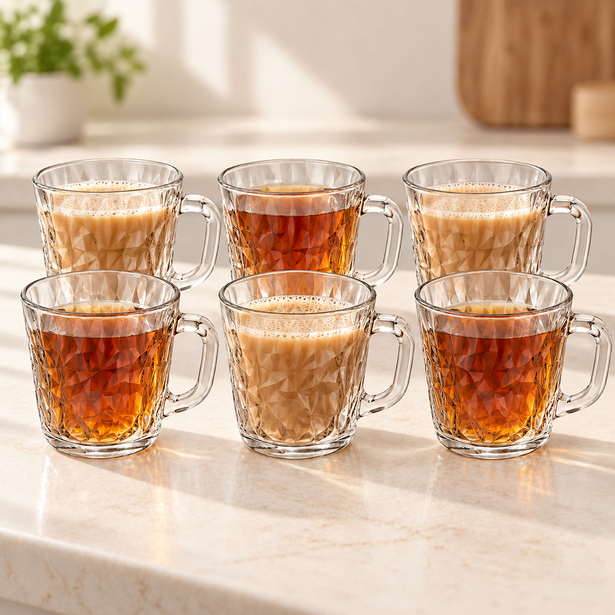6Pcs Textured Glass Mug Set 240ml | Clear Tea & Coffee Mugs