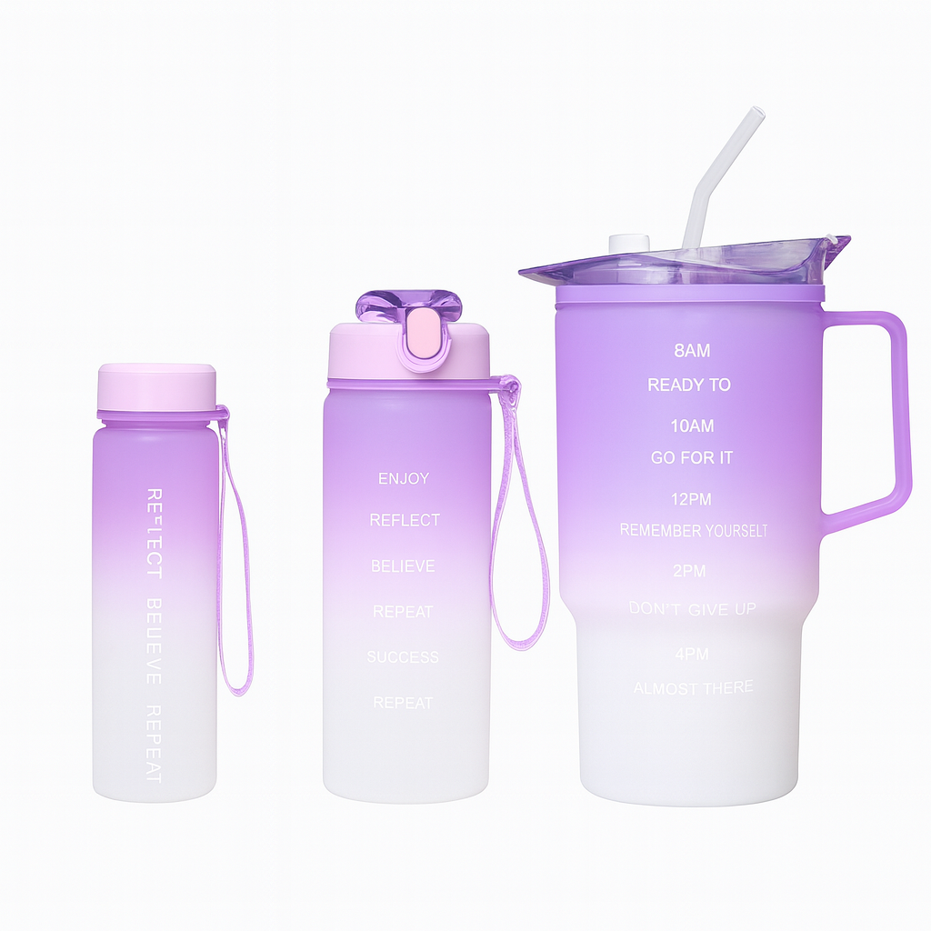 3-Piece Gradient Plastic Water Bottle Set – Leak-Proof Hydration Bottles in Purple, Pink, Blue & Green