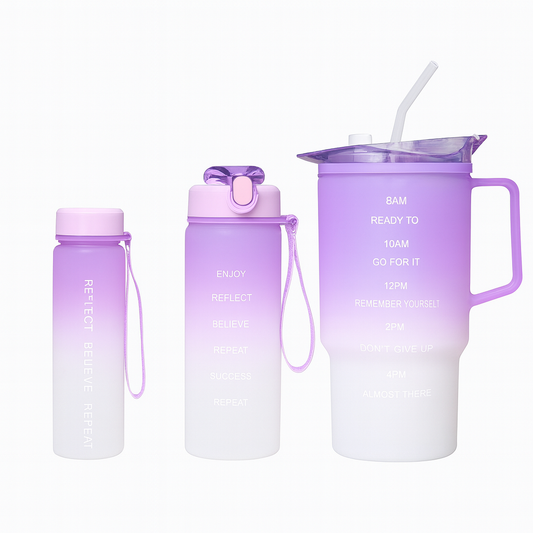 3-Piece Gradient Plastic Water Bottle Set – Leak-Proof Hydration Bottles in Purple, Pink, Blue & Green