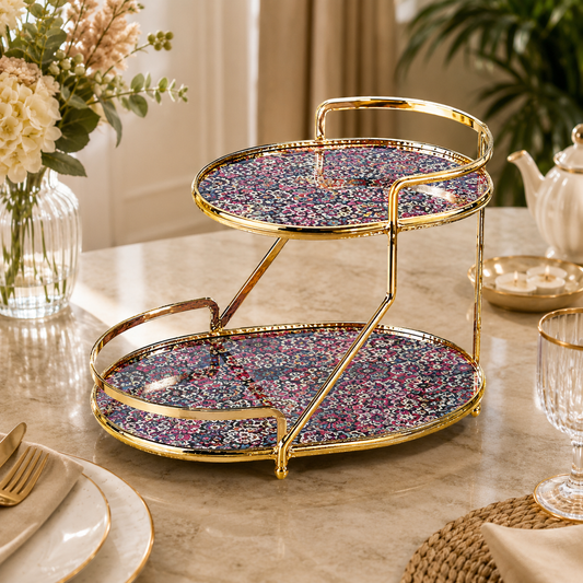 Luxury 2-Tier Decorative Serving Tray with Gold Metal Frame | Premium Dessert & Organizer Stand
