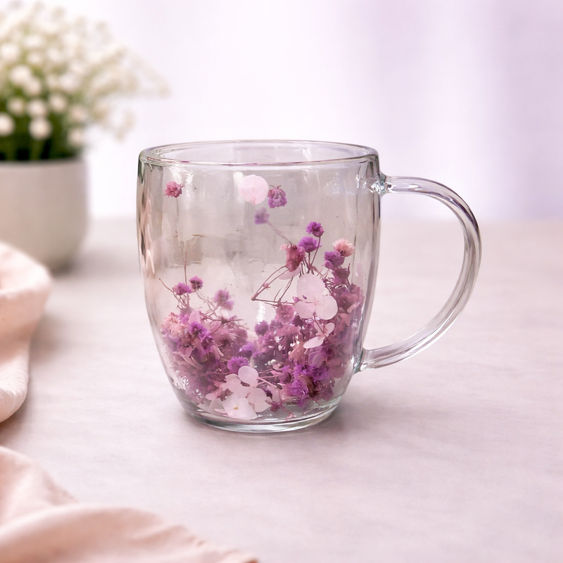 Double Wall Floral Mug – Transparent Tea & Coffee Cup with Dried Flowers - Habitt