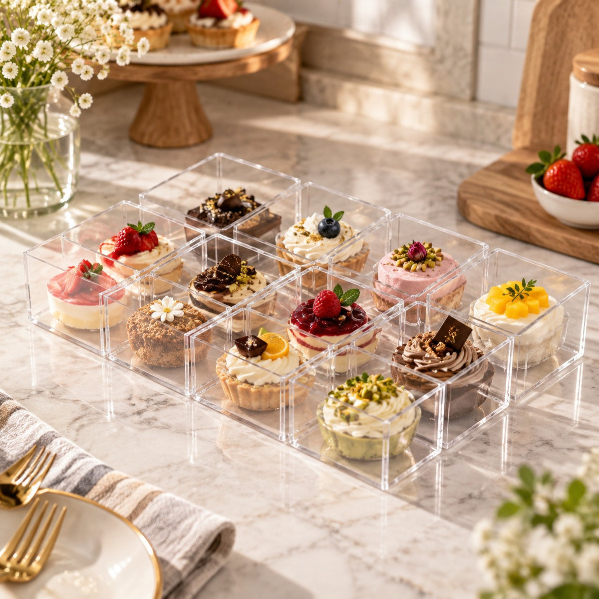 12 Pcs Mini Dessert Display Box | Transparent Pastry Storage Containers
