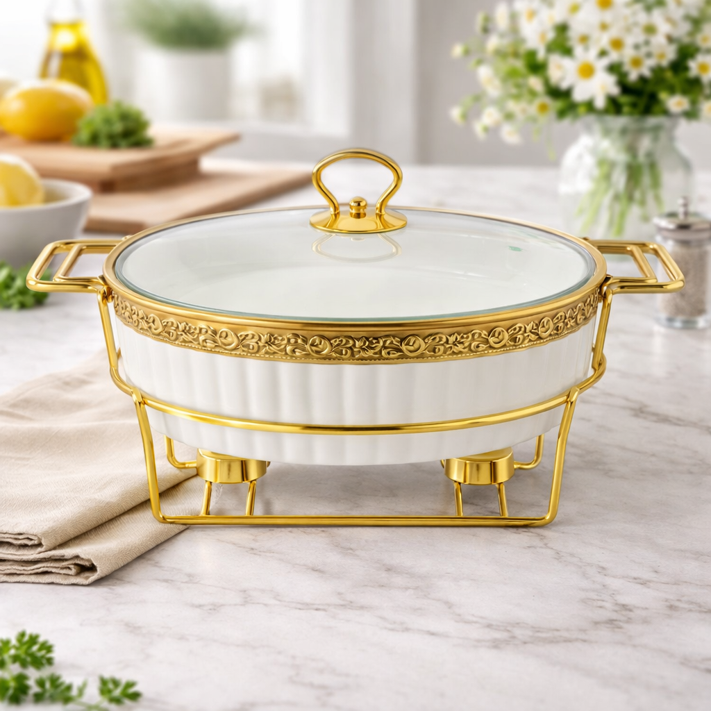 Casserole with Stand – Premium Round Serving Dish with Gold Stand - Habitt