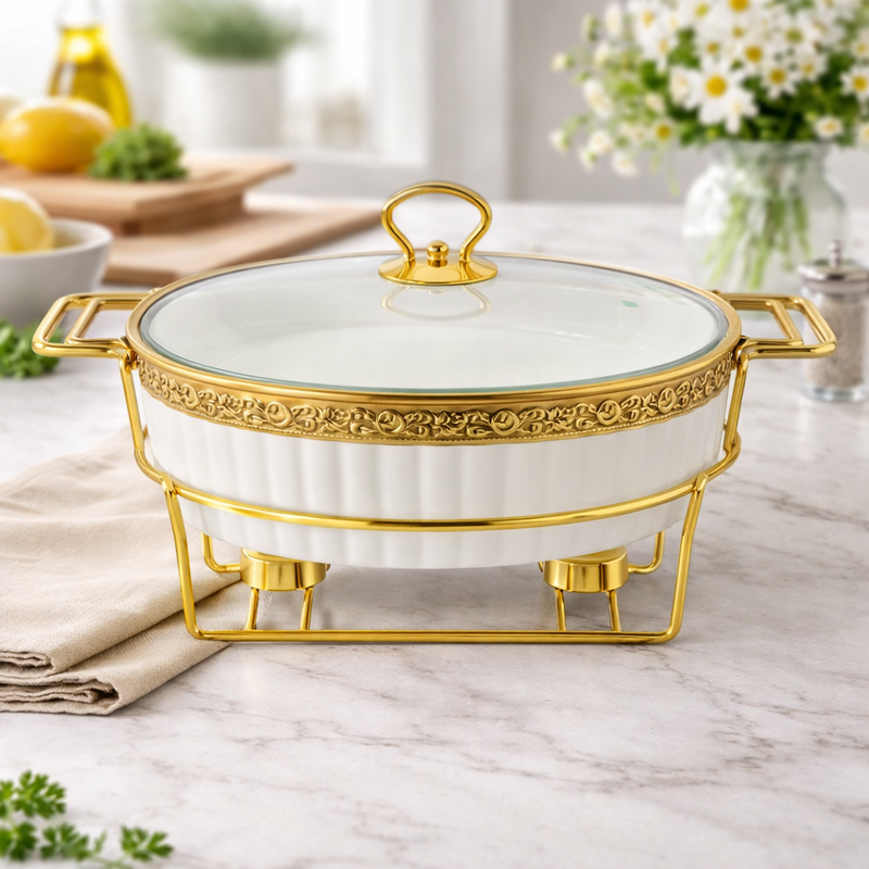 Casserole with Stand – Premium Round Serving Dish with Gold Stand - Habitt