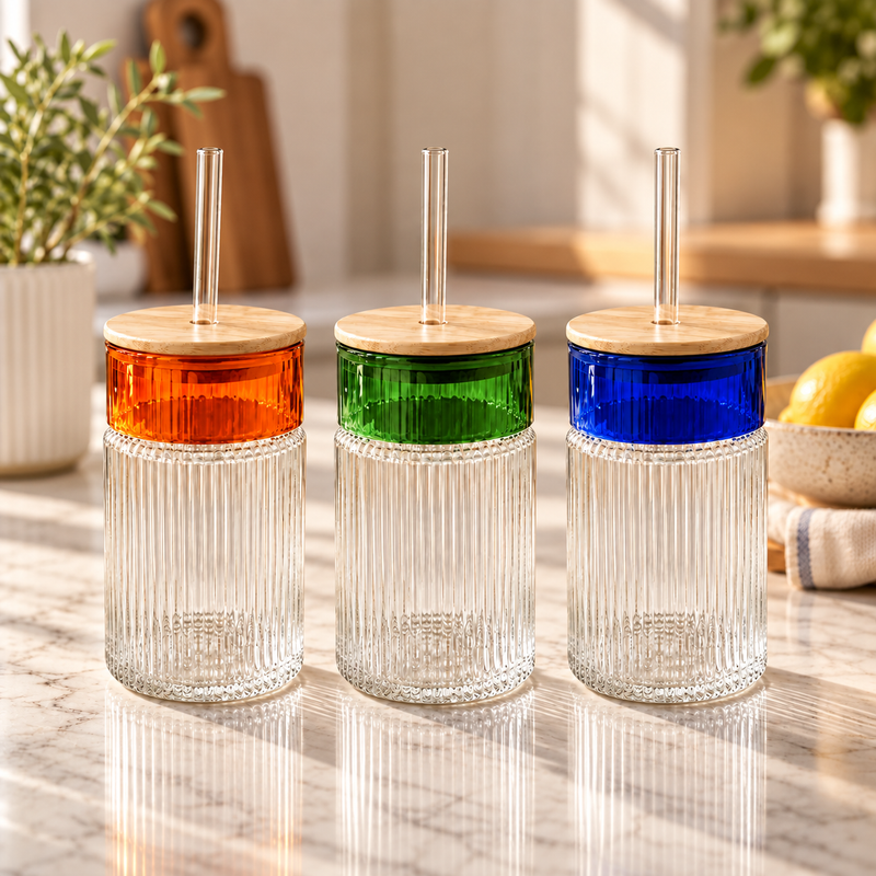 Ribbed Glass Sipper with Bamboo Lid & Straw