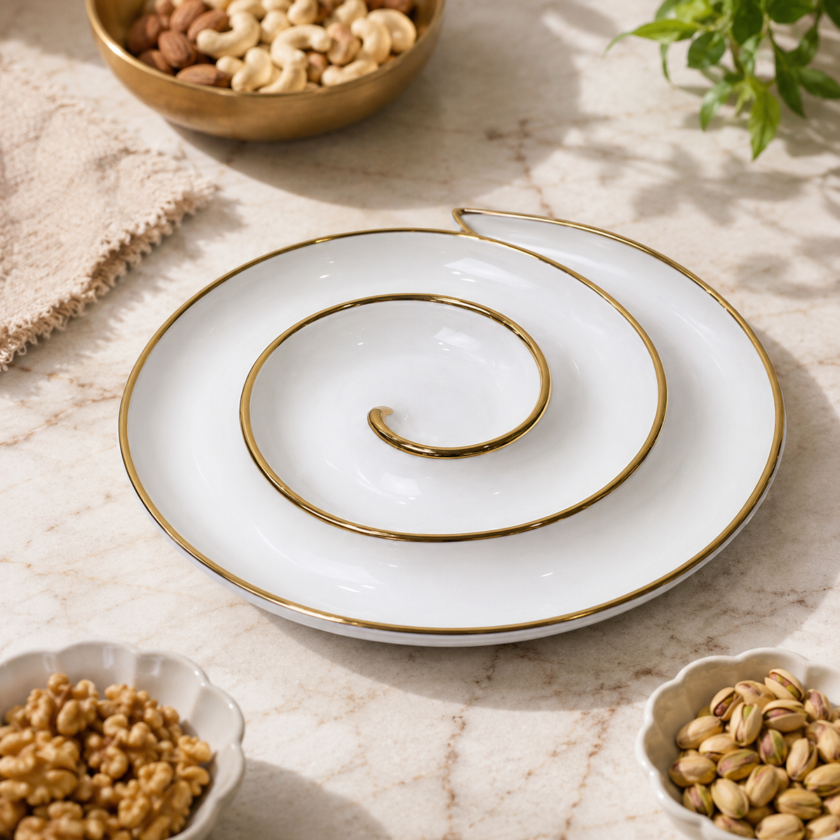 Elegant White & Gold Spiral Round Serving Platter for Dry Fruits, Appetizers, Desserts, Snacks & Modern Table Décor