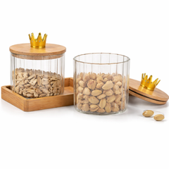 3Pcs Jar Set – Ribbed Glass Storage Jars with Crown Bamboo Lids & Tray
