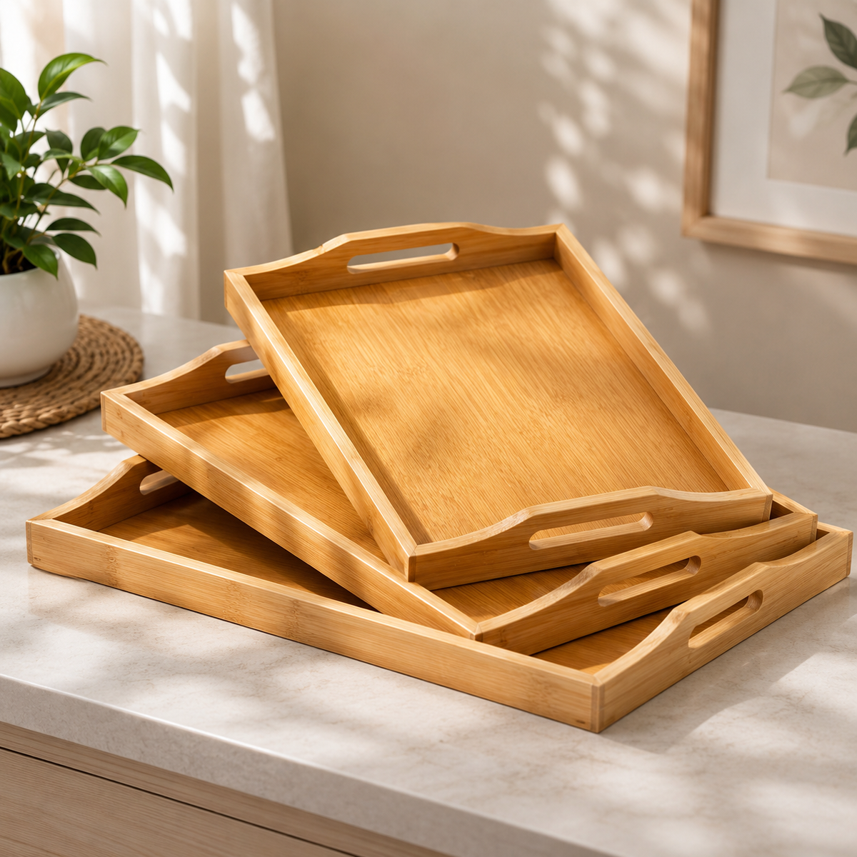 Bamboo Wooden Tray Set 3PC – Rectangular Serving Trays with Handles for Tea, Snacks, Breakfast & Home Serving