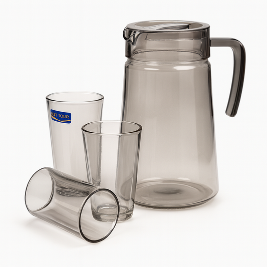 Smoke-Tinted 7-Piece Water Set – 1.98 L Jug with 315 ml Glasses (Pressed Glass)