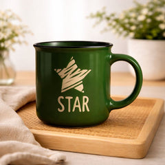 Green Ceramic “STAR” Mug  Rustic Engraved Star Design