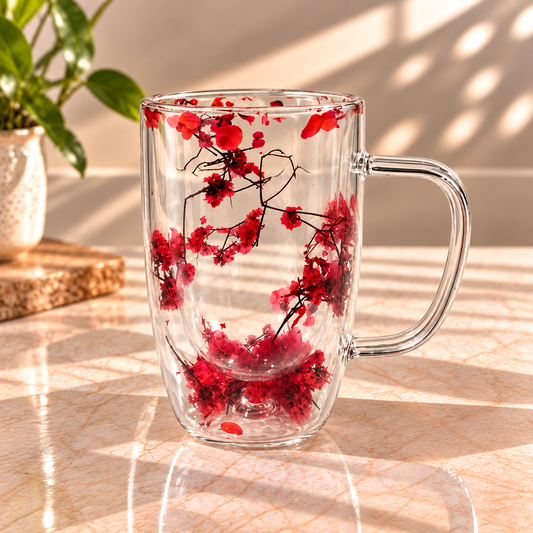 Turquoise Blossom Glass Mug – 450ml Floral Transparent Coffee & Tea Mug