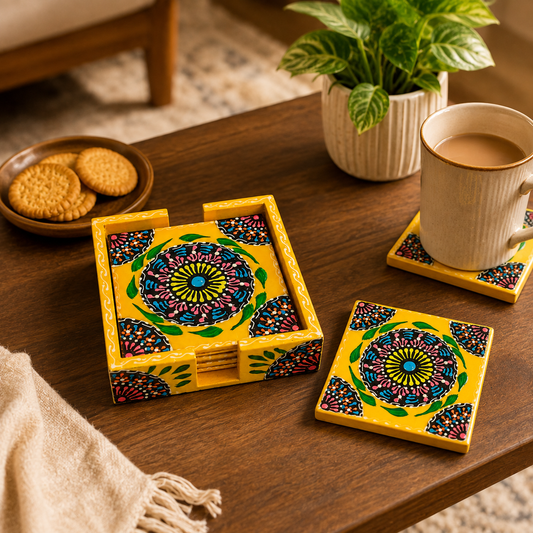 Bondi Tea Coaster Art Assorted Color – Decorative Coaster Set with Holder | Colorful Table & Dining Accessories