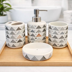 4PC Ceramic Bath Set – Modern Geometric Bathroom Accessories Soap Dispenser, Toothbrush Holder, Tumbler & Soap Dish - Habitt